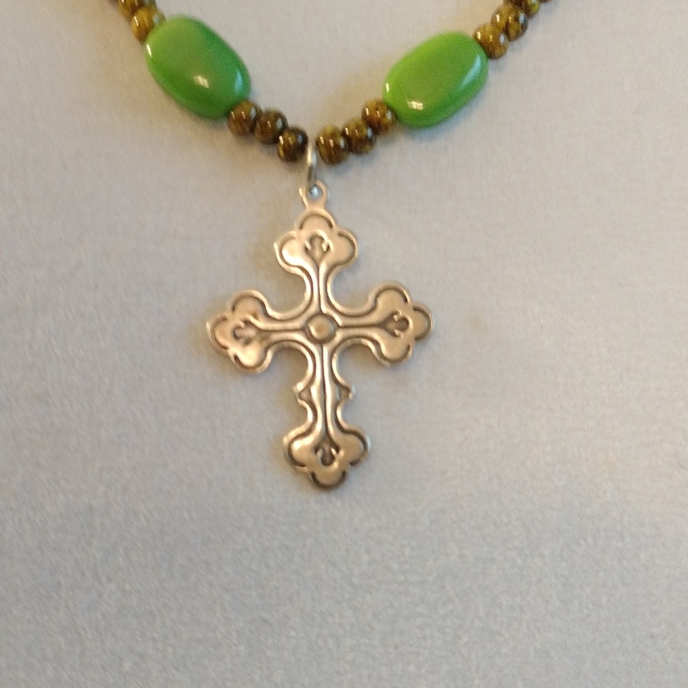 Sterling silver cross handmade green & blue glass beads 26" long